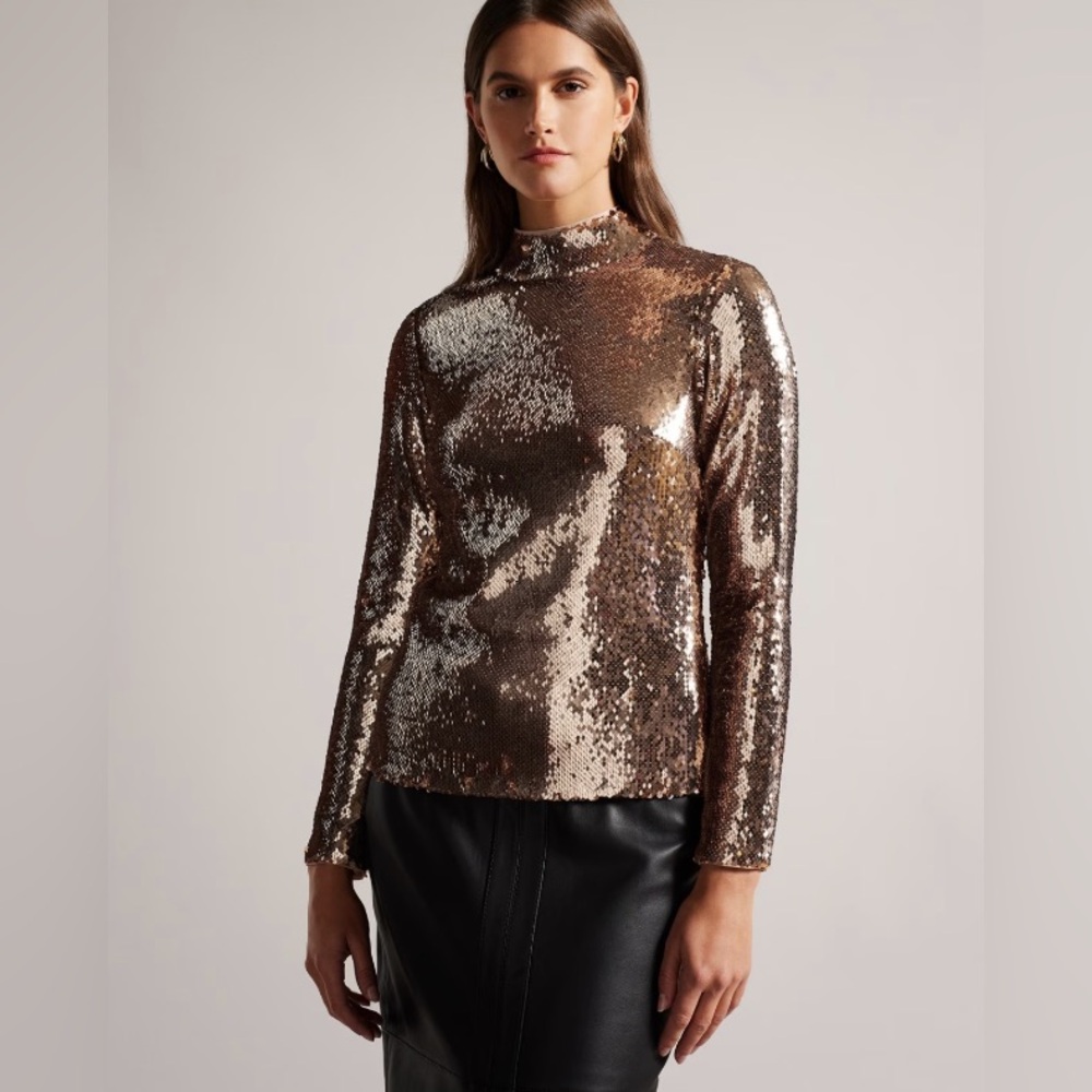 Ted Baker London Lovato Sequin Mock-neck Top •Dark Brown | US Size 10 (Ted 4)